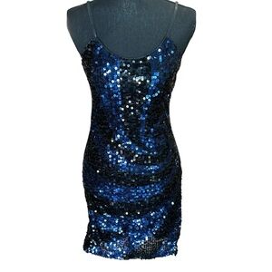 Janette Blue Black Sequin Mini Dress Made in USA XS/S Party Bodycon